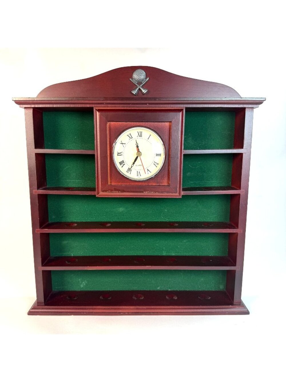 Vintage 19 Golf Ball Display Shelf Clock Cherry Wood Green Back Felt